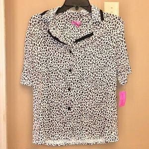 Betsey Johnson Cheetah Print Button Up Short Sleeve Pajama Top White Black Small